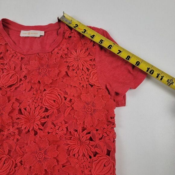 Tory Burch Blouse Shirt Womens XS Red Eyelet Overlay Floral Short Sleeve - Picture 7 of 12